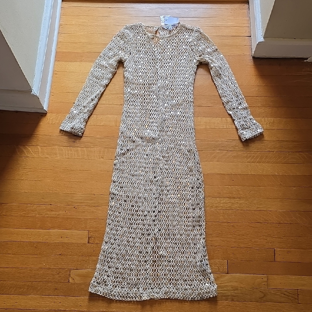 NWT, Walter Baker, Coco Sequin Crochet Maxi Dress, Nude & Gold, Women's XS